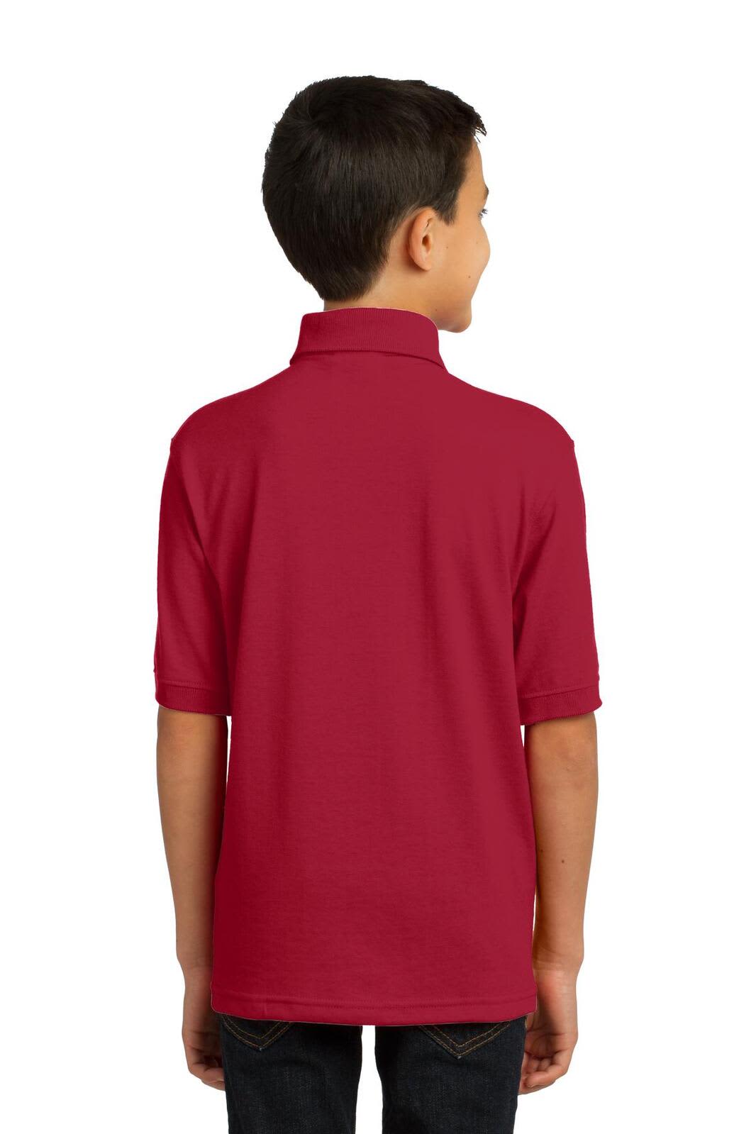 A red youth polo shirt with a collar and short sleeves, featuring a logo on the back.
