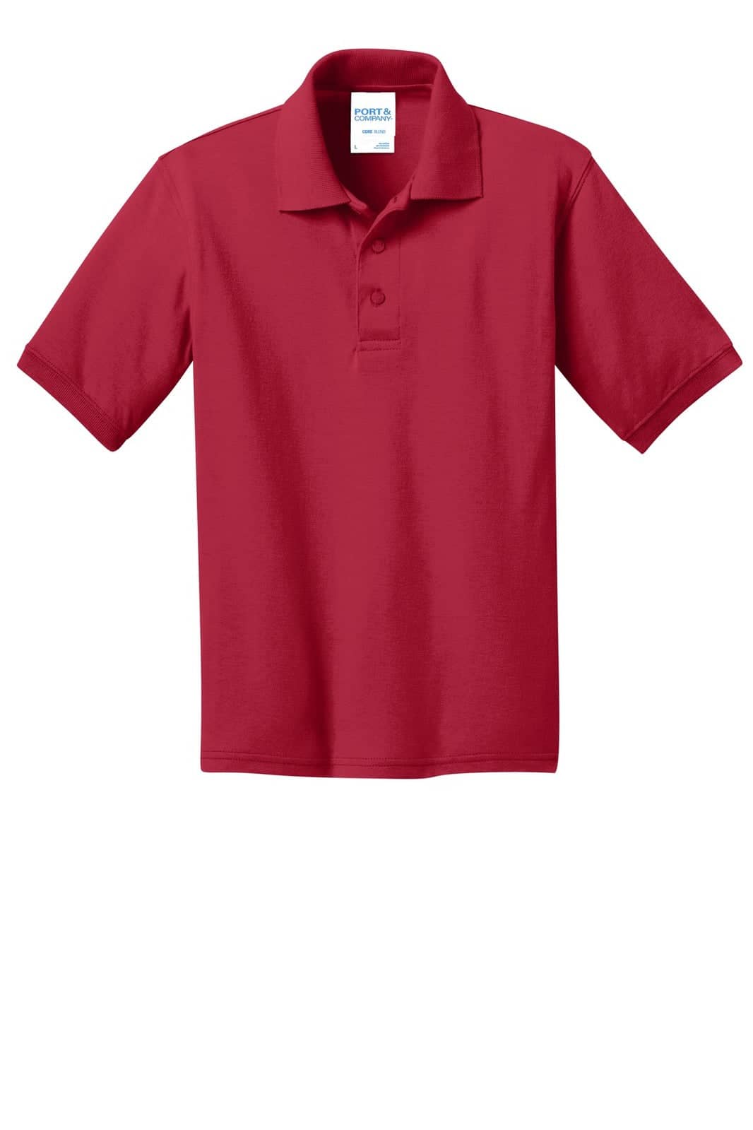 A red youth polo shirt featuring a collar, short sleeves, and a front placket with buttons. It has a logo on the label.