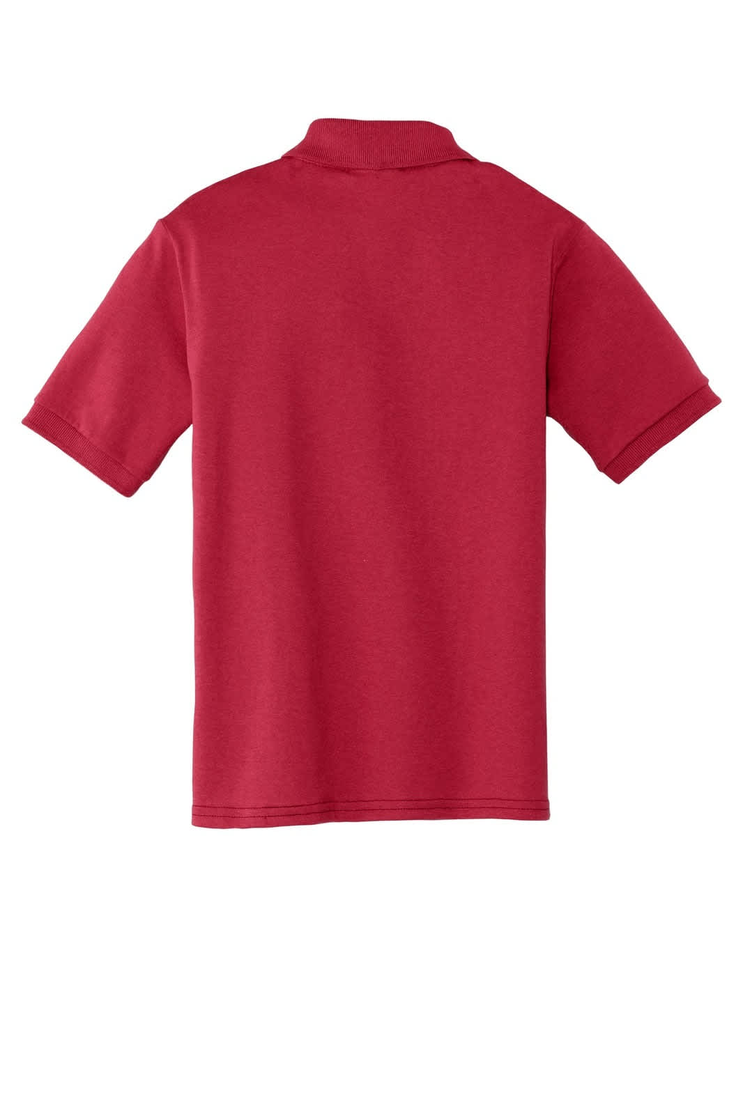 A red youth polo shirt with short sleeves and a back view. It has a logo on the upper back.