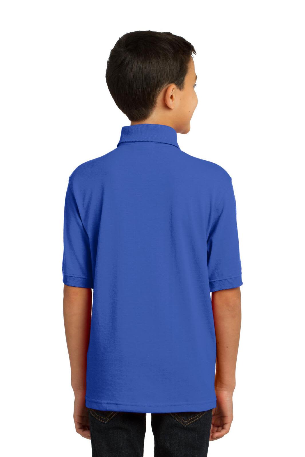 A blue youth polo shirt with short sleeves, featuring a collar and a logo on the back.