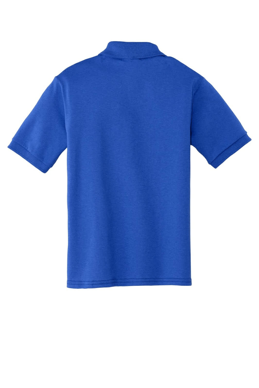A blue youth polo shirt featuring short sleeves and a collar, with a logo on the back.