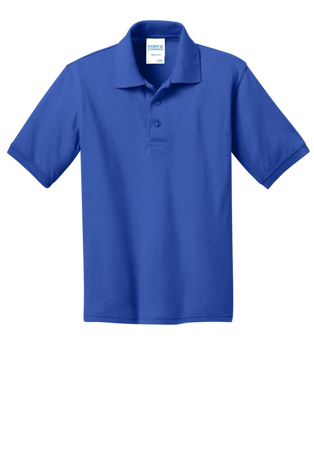 A blue youth polo shirt featuring a collar, short sleeves, and a logo on the front.