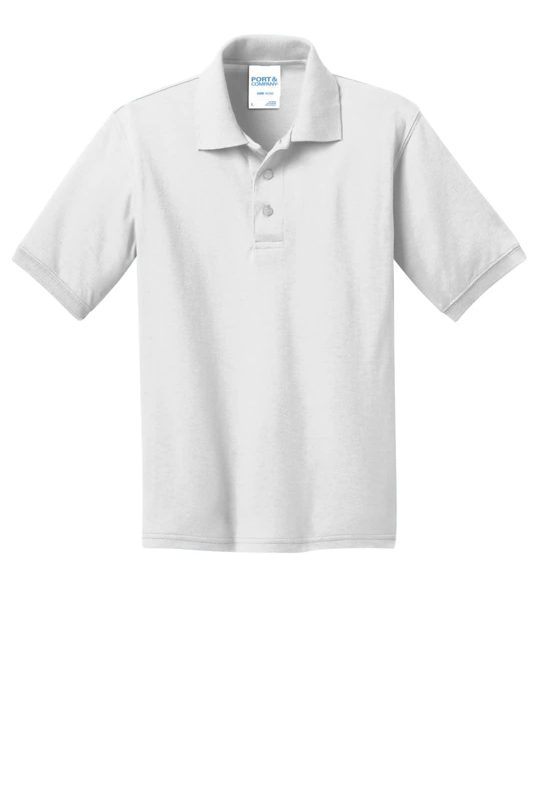 A short-sleeved, white polo shirt featuring a collar and a logo on the chest.