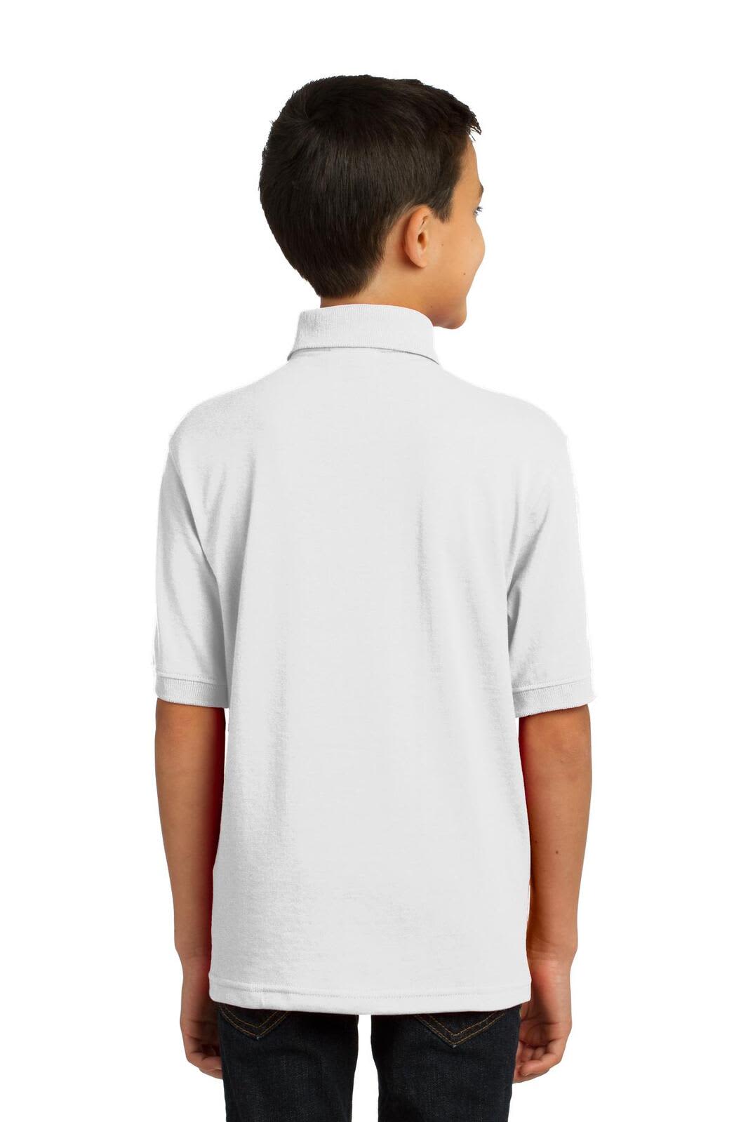 A young person wearing a plain white polo shirt, viewed from the back, featuring a collar and short sleeves.
