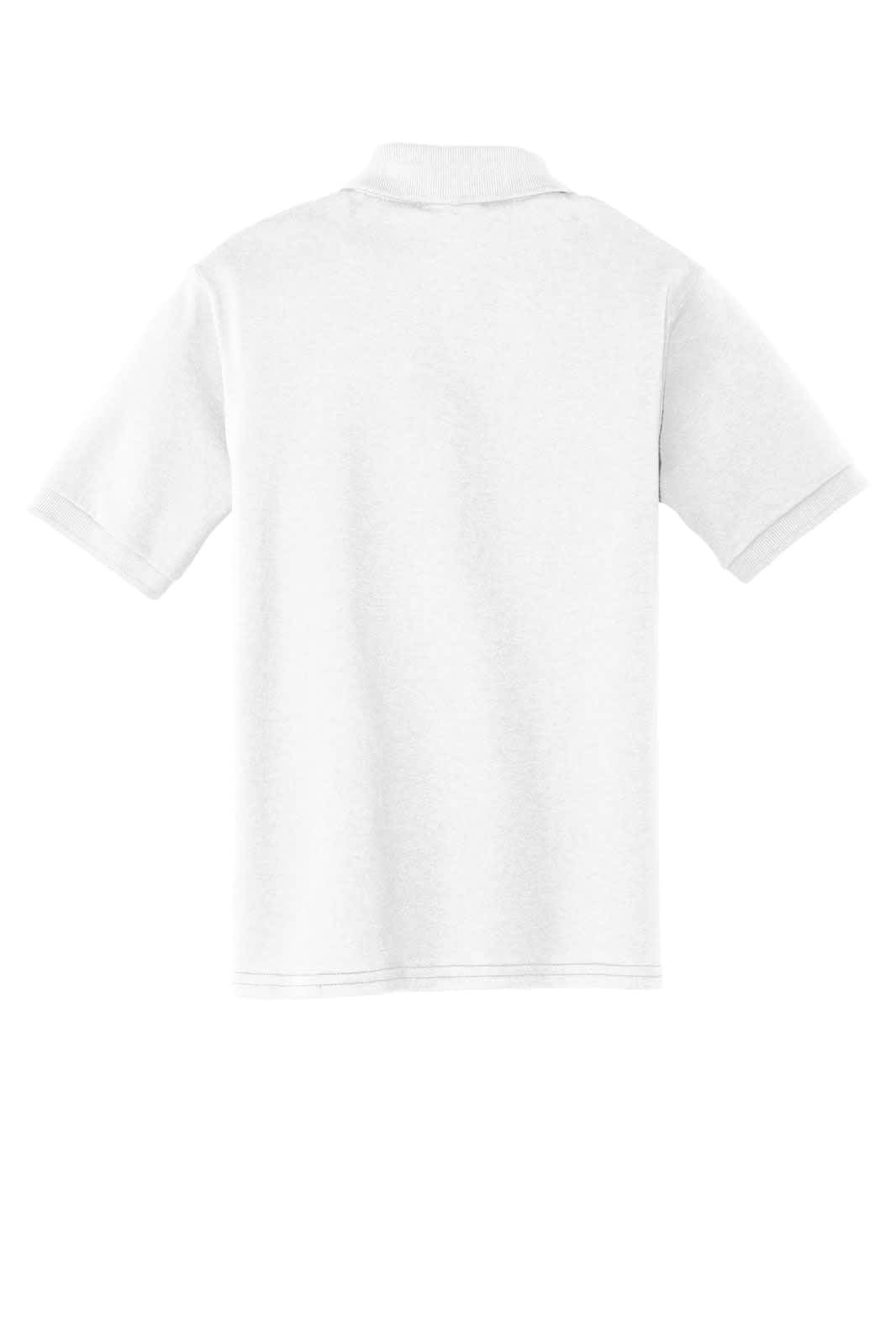 A plain white youth polo shirt featuring a short-sleeve design and a collar, with a brand logo on the side.