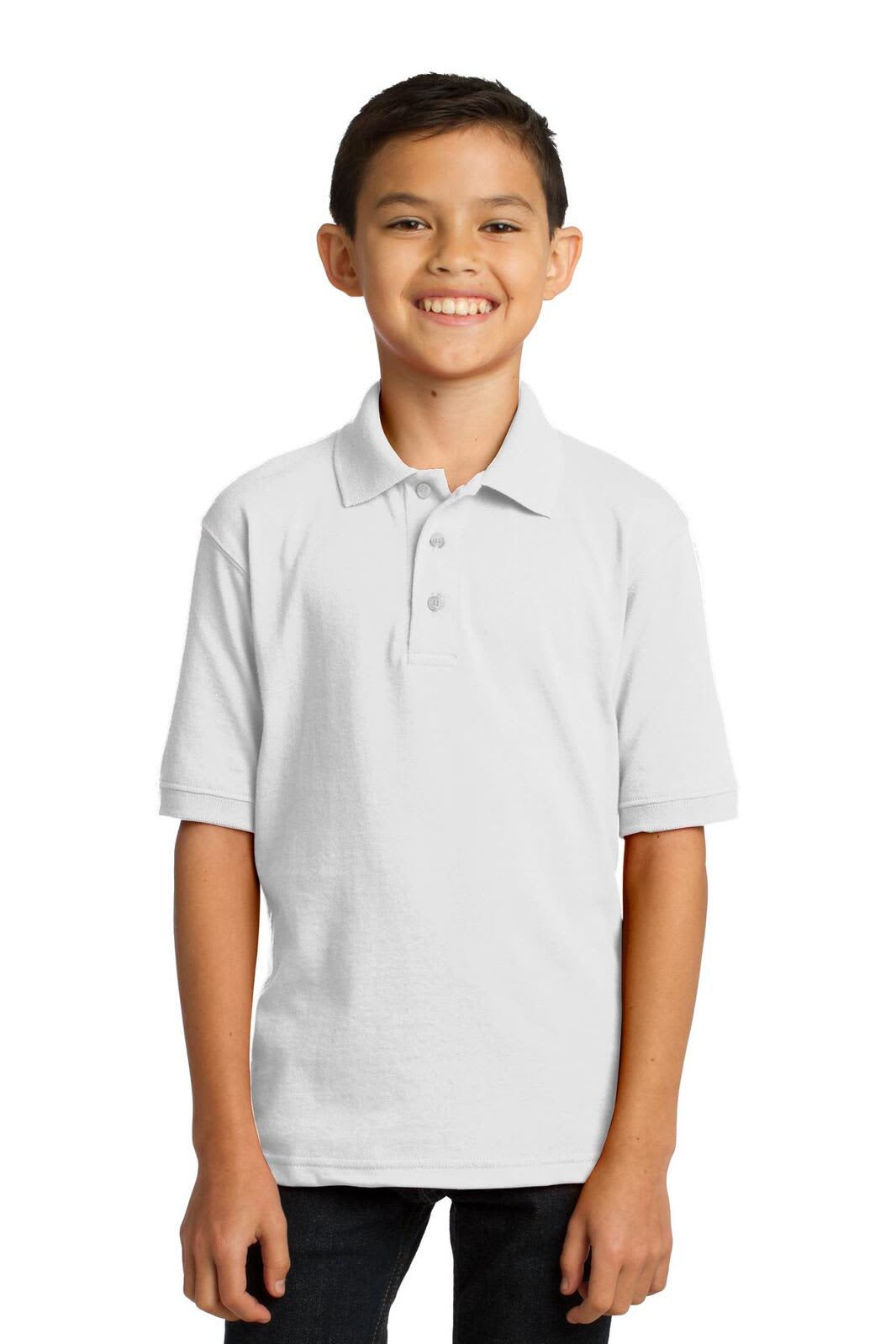 A youth in a light grey polo shirt, featuring a classic collar and short sleeves, with a logo on the chest.