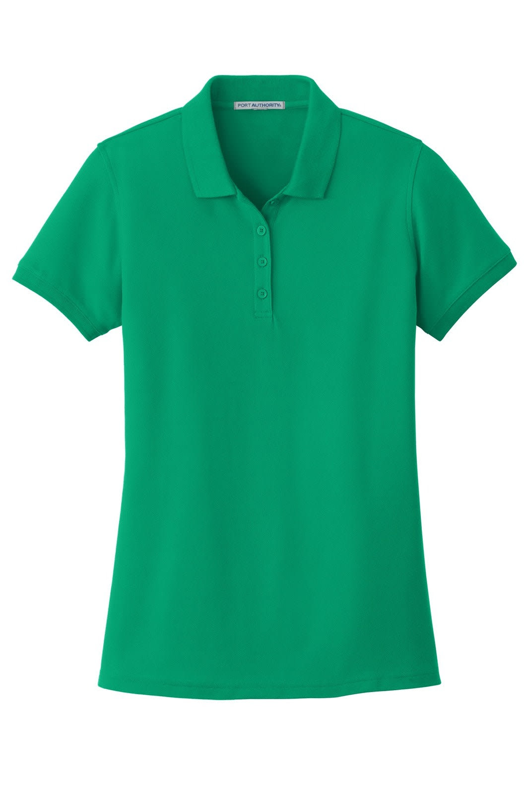 A green ladies' polo shirt featuring a classic pique design and a logo on the chest area.