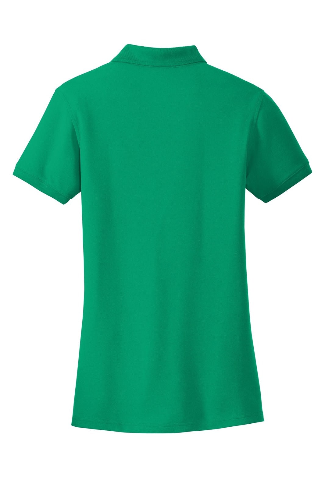 A green ladies' polo shirt with a collar and short sleeves. The back view features a logo placement.