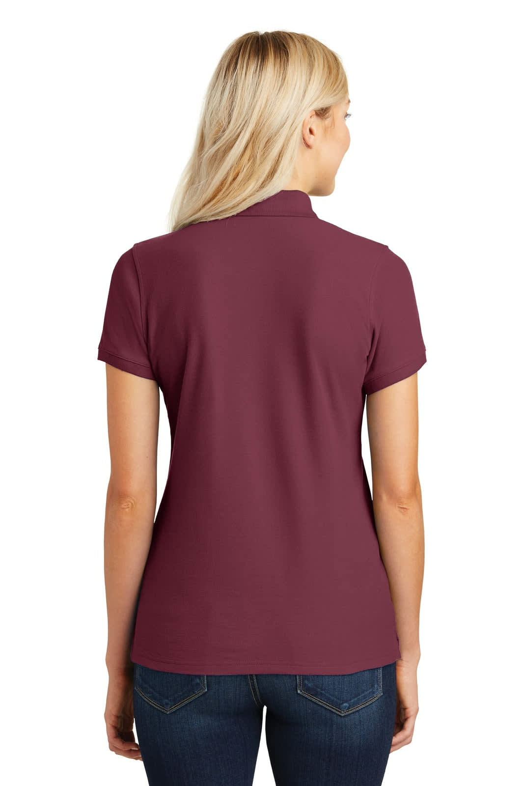 A maroon women's polo shirt with short sleeves, featuring a simple design and a logo on the back.
