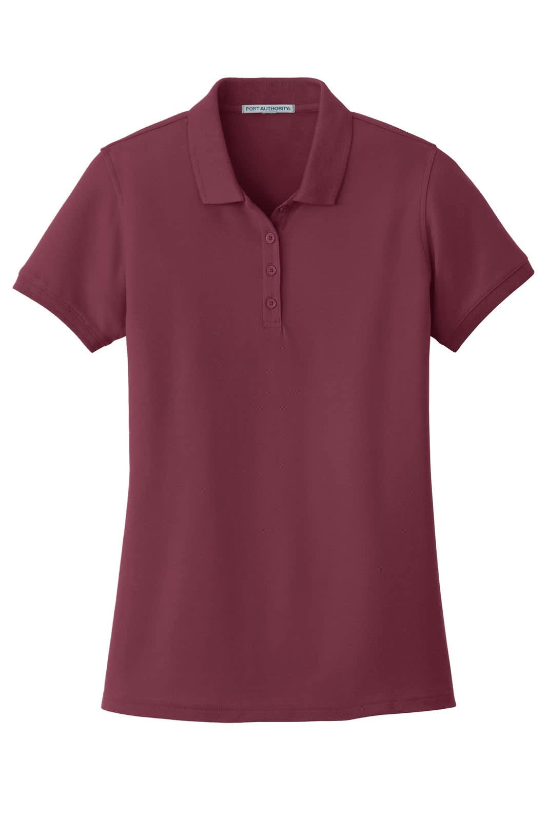 A maroon polo shirt with a classic pique texture, featuring a collar and three-button placket. Includes a logo.