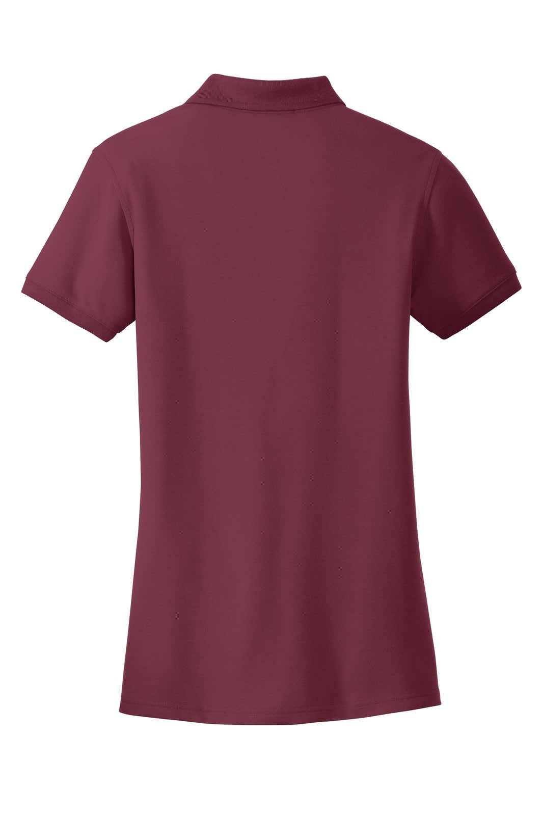 A maroon ladies' polo shirt with short sleeves and a classic pique texture, featuring a logo.