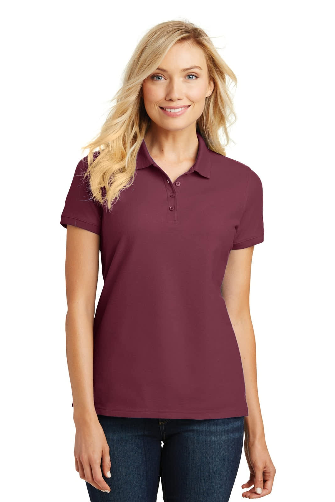 A burgundy women's polo shirt with a classic pique texture, featuring a collar and three-button placket.
