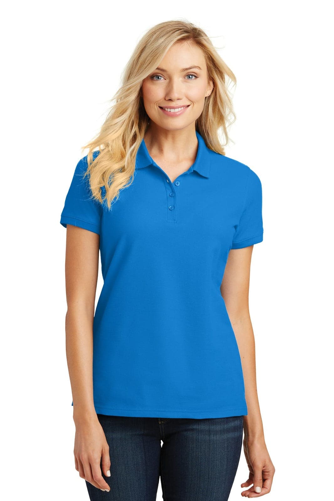 A blue ladies' polo shirt with a collar and short sleeves, featuring a logo on the chest.