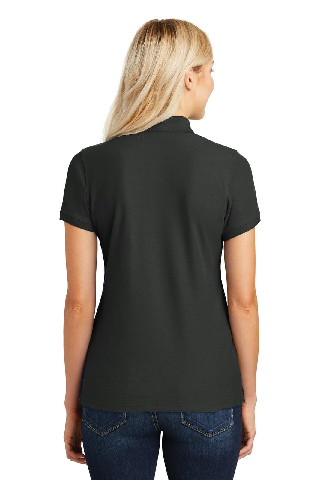 A dark grey ladies' polo shirt with a classic pique texture and a logo on the back.
