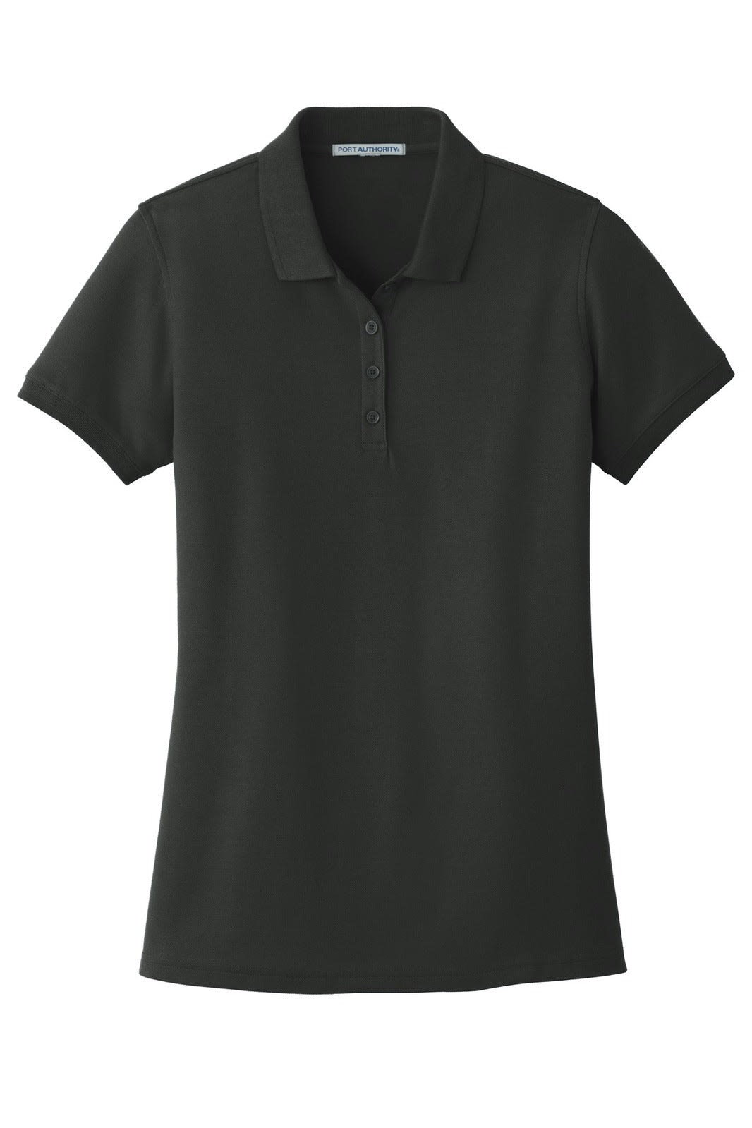 A dark black polo shirt featuring a classic pique design and a three-button placket, with a logo on the chest.