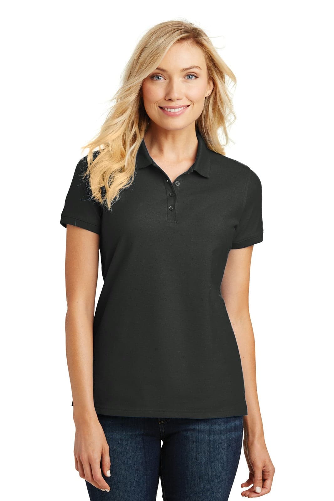 A black polo shirt for ladies, featuring a collar and short sleeves, with a logo on the chest.