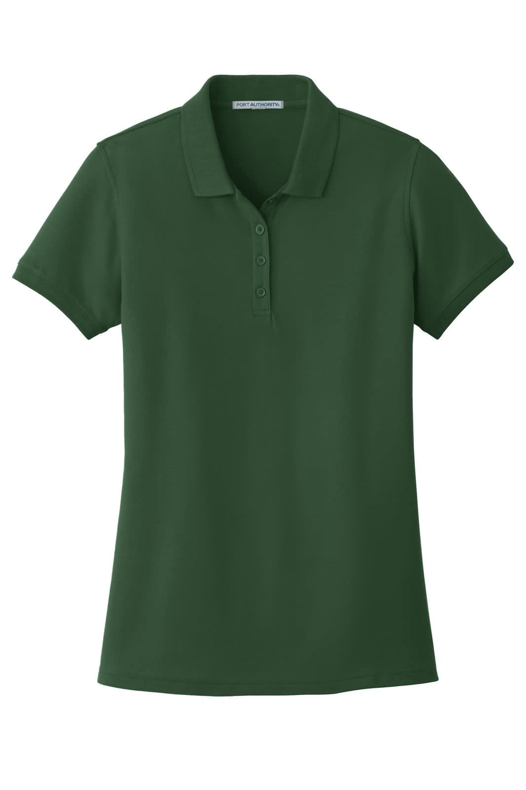 A dark green ladies' polo shirt with a classic pique texture, featuring a collar and buttons, along with a logo.