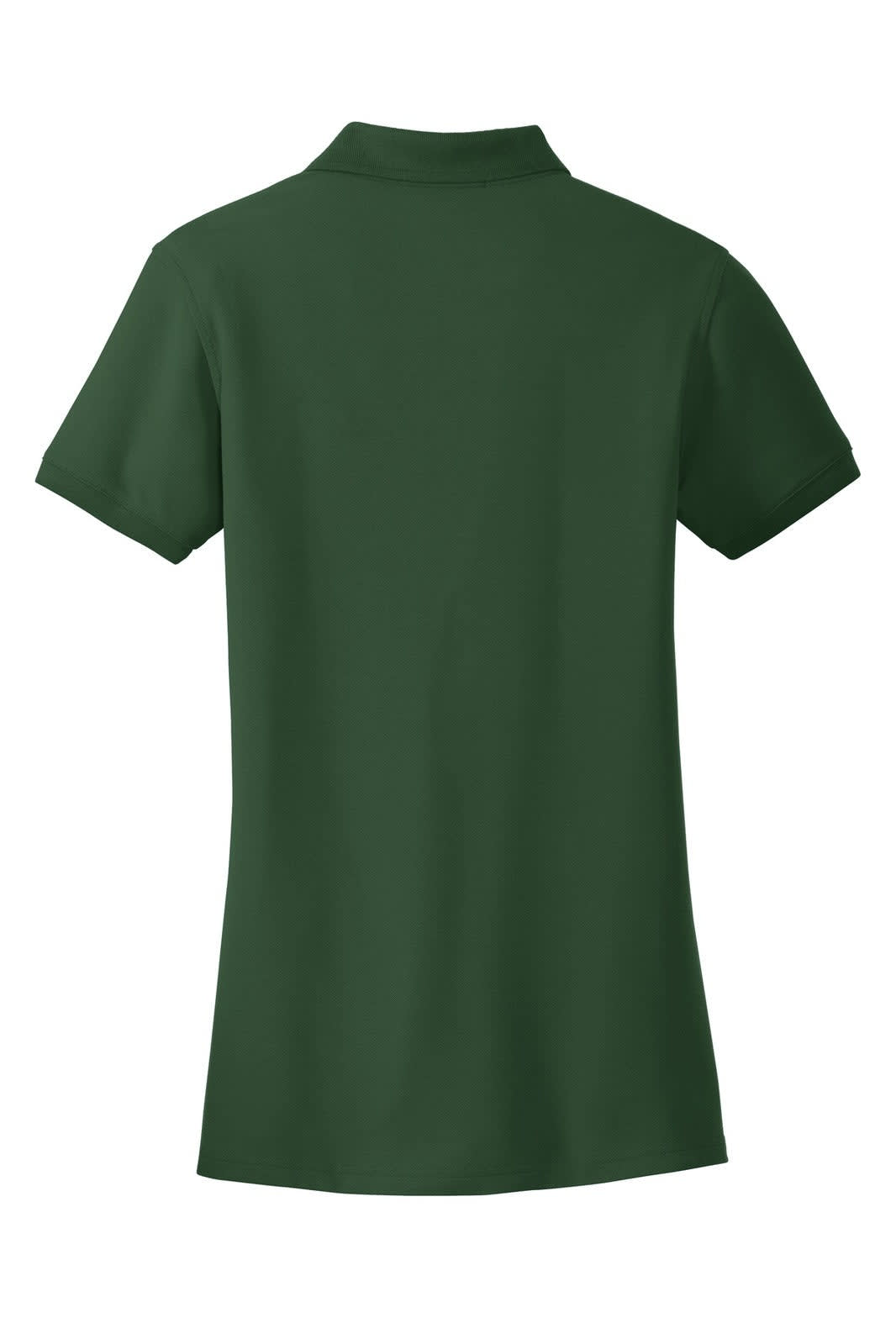 A dark green women's polo shirt featuring a classic pique fabric and a collar, with short sleeves and a logo.