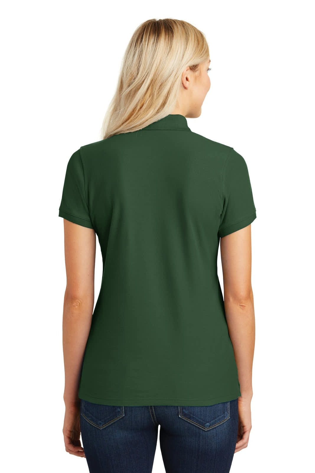 A dark green ladies' polo shirt with a short sleeve and a subtle logo on the back.