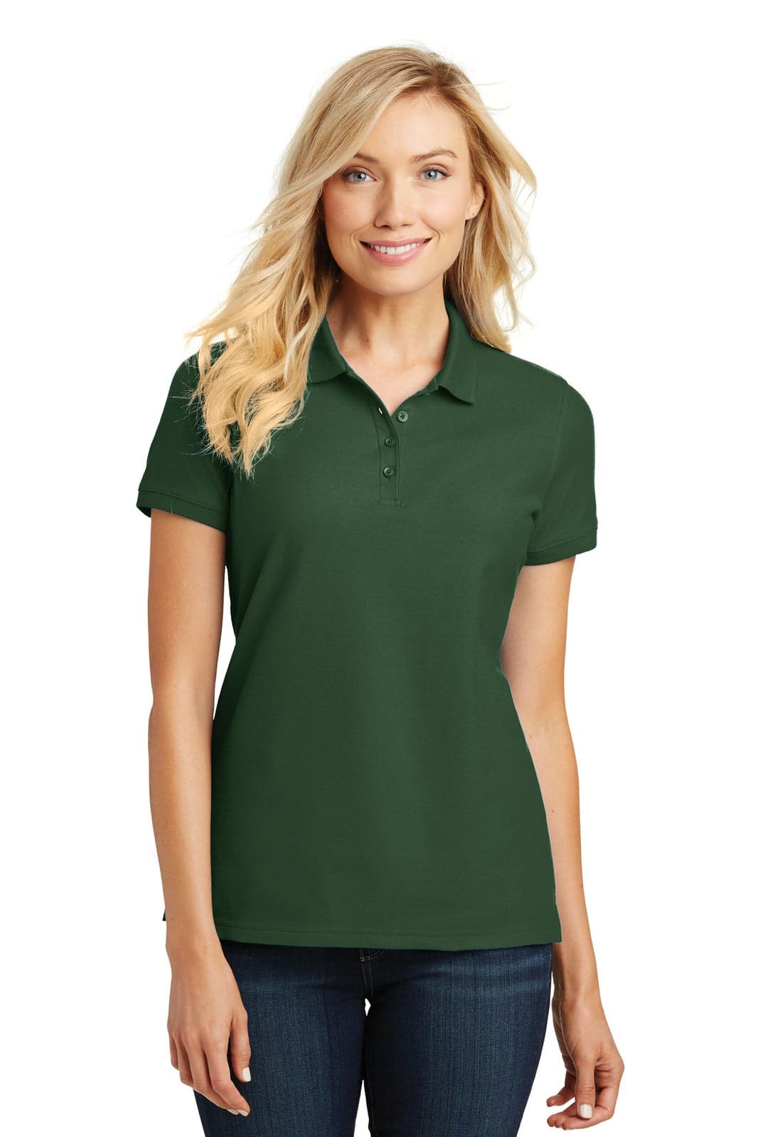 A green ladies' polo shirt with a collar and short sleeves, featuring a logo.