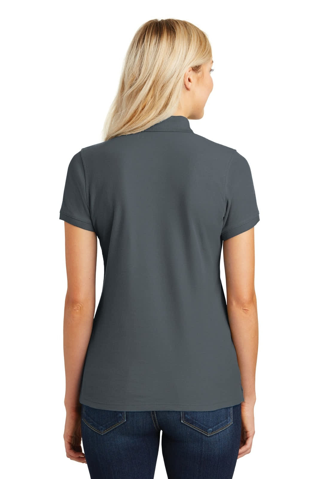 A grey ladies' polo shirt featuring a classic fit and short sleeves, view from the back. Includes a logo.