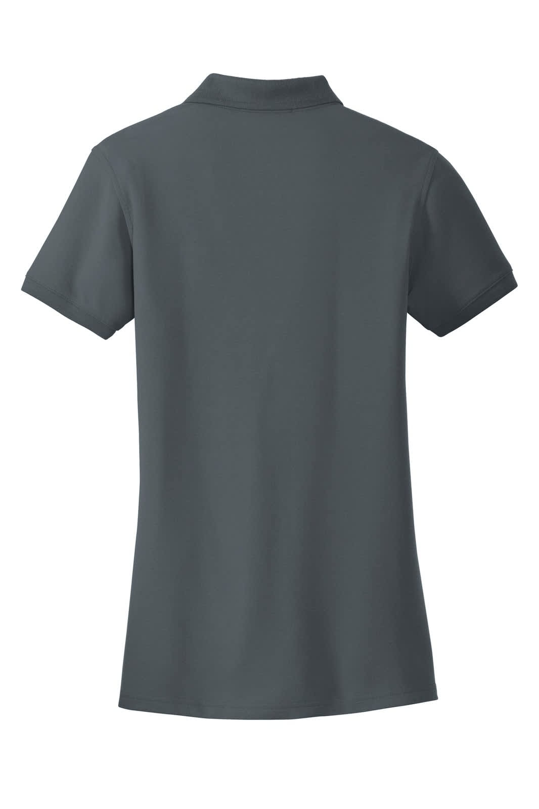 A grey women's polo shirt with a classic pique texture, featuring a collar and short sleeves. Includes a logo.