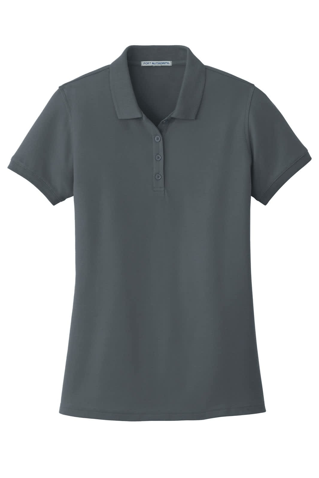 A ladies' polo shirt in dark grey, featuring a classic pique design and a collar with a logo.