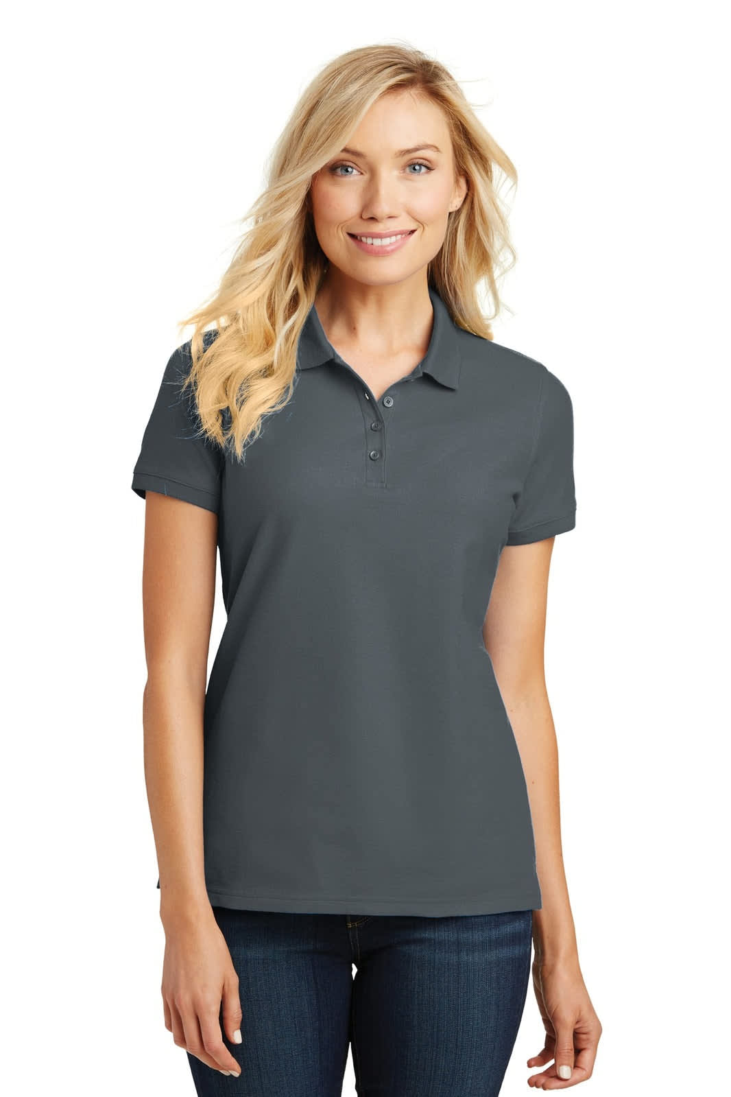 A grey polo shirt for ladies with a classic pique design and a logo on the chest.