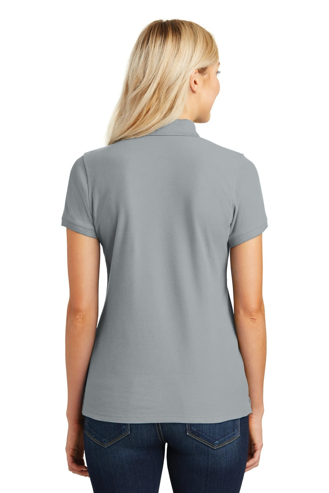 A grey ladies' polo shirt with a classic pique texture, featuring a branding logo on the back.