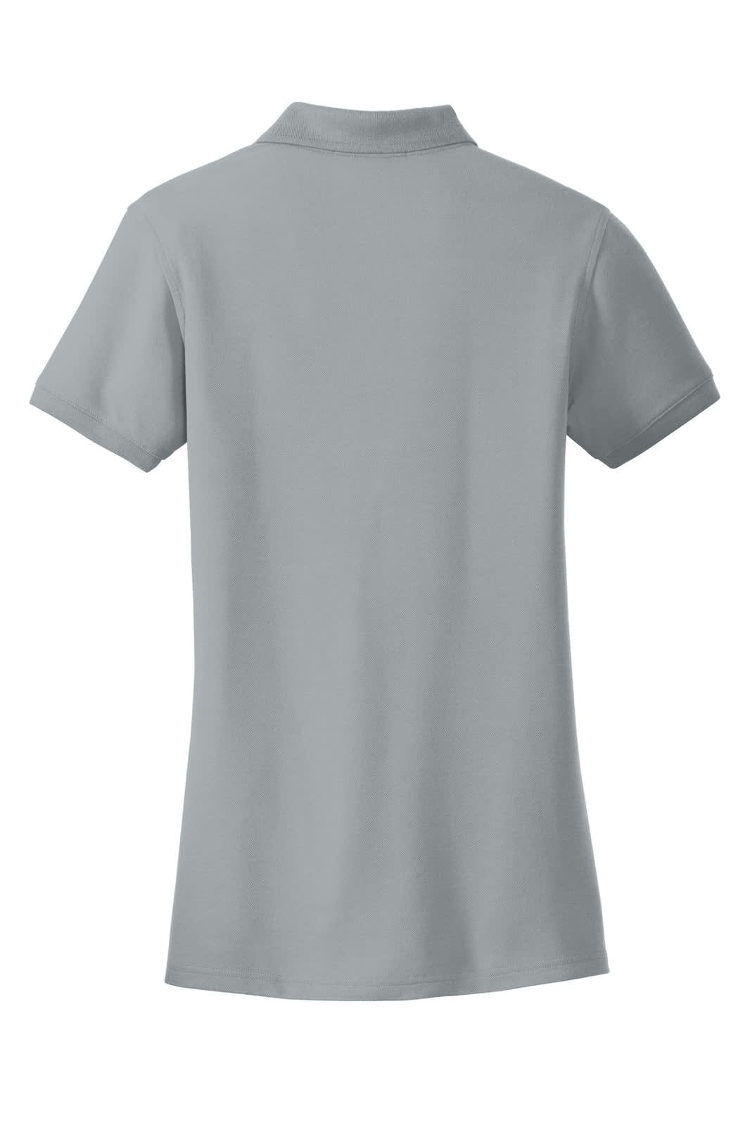 A grey women's polo shirt with a classic pique texture and a collar, featuring a logo on the back.