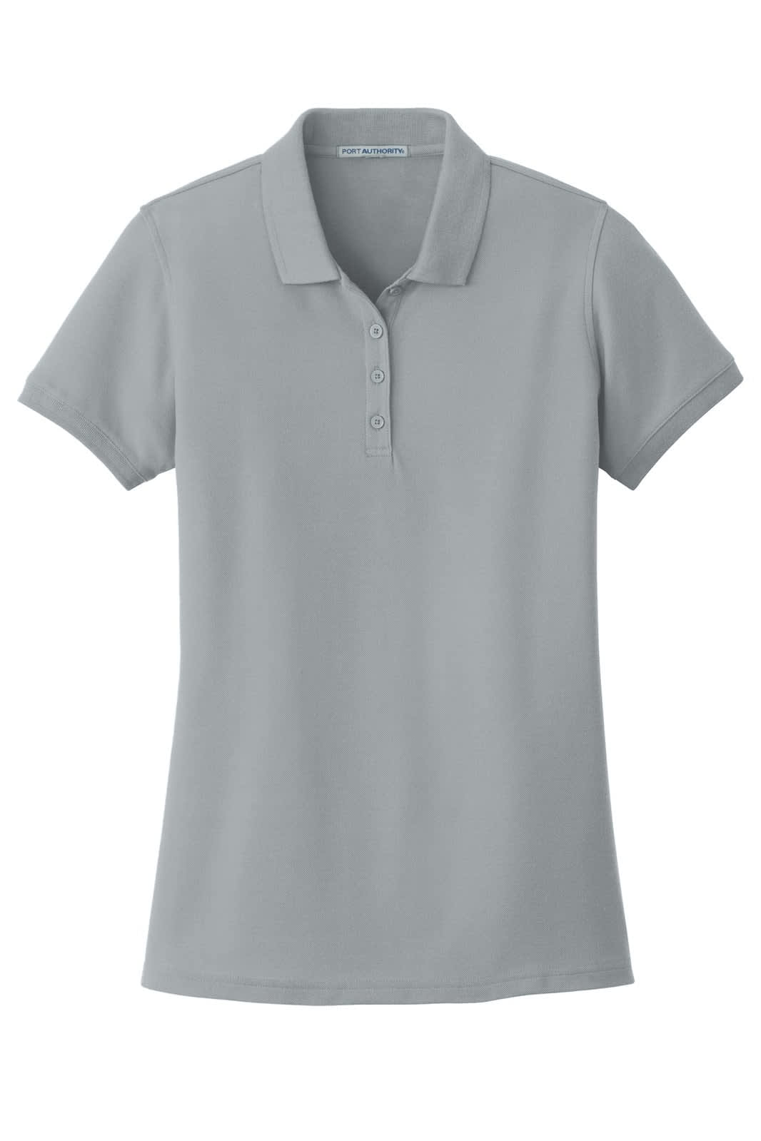 A light grey ladies' polo shirt with a classic pique texture, featuring a collar and button placket.