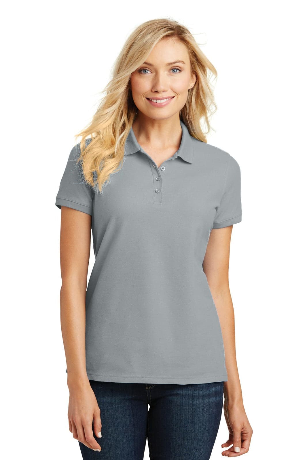 A light grey ladies' polo shirt with a collar and short sleeves, featuring a logo on the chest.