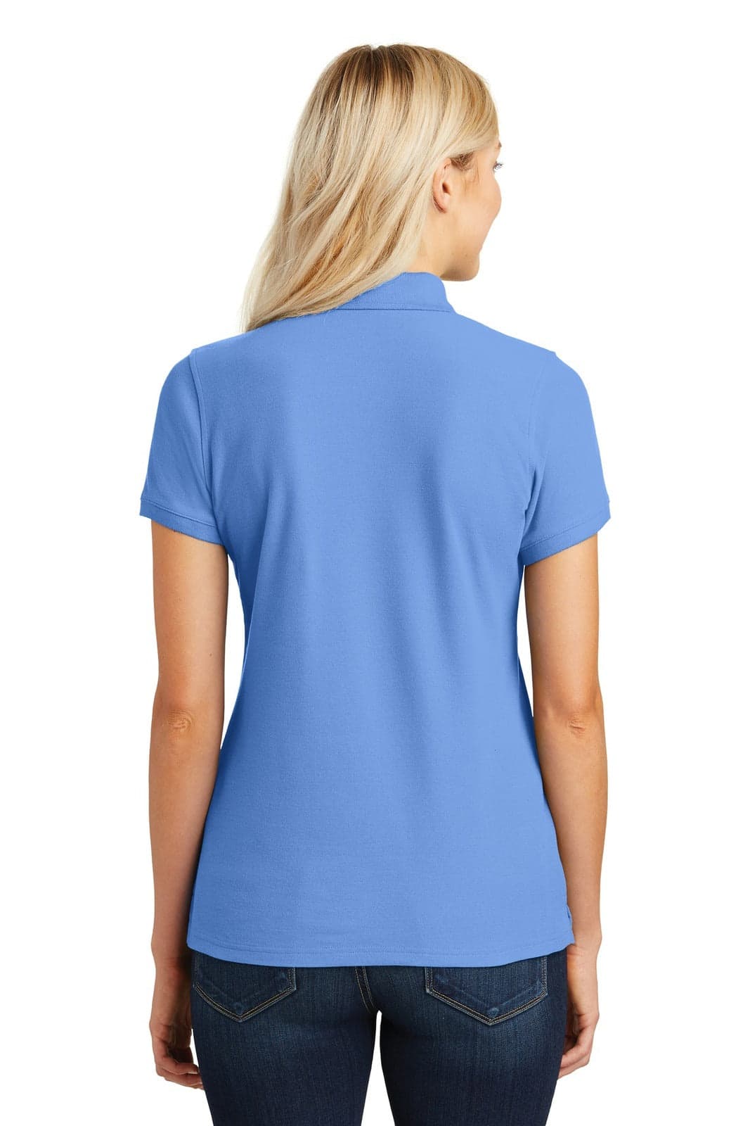 A blue polo shirt viewed from the back, featuring short sleeves and a classic collar. It has a logo.
