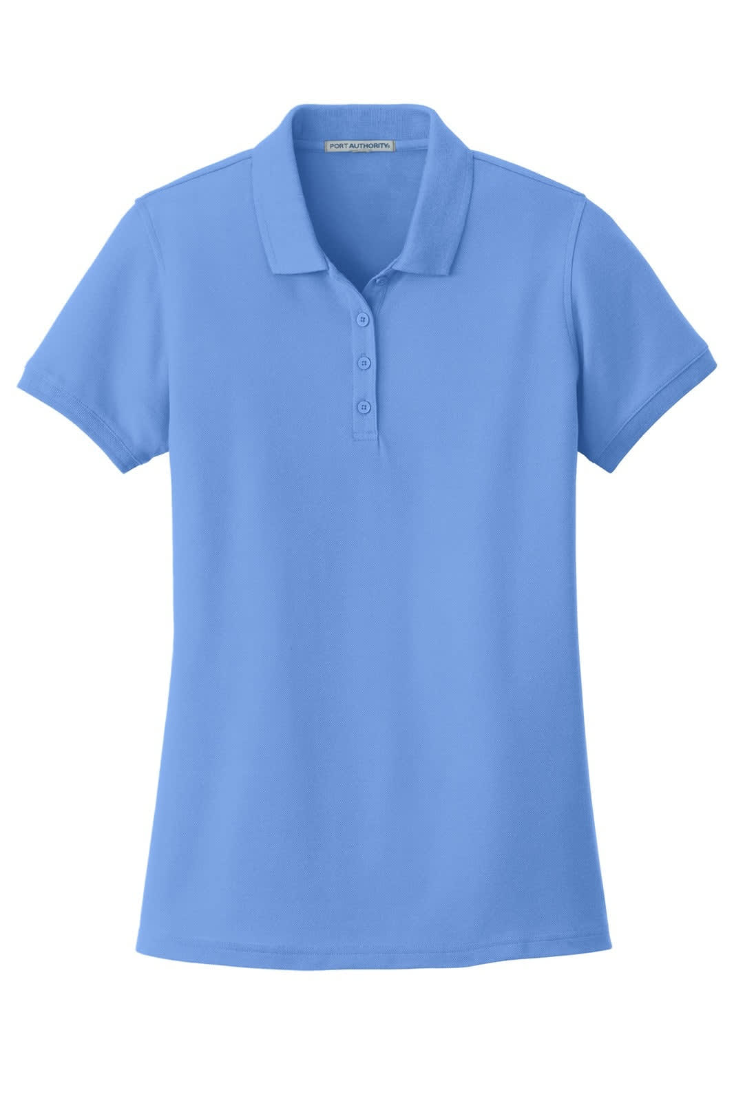 A light blue ladies' polo shirt with a collar and button placket, featuring a logo on the front.