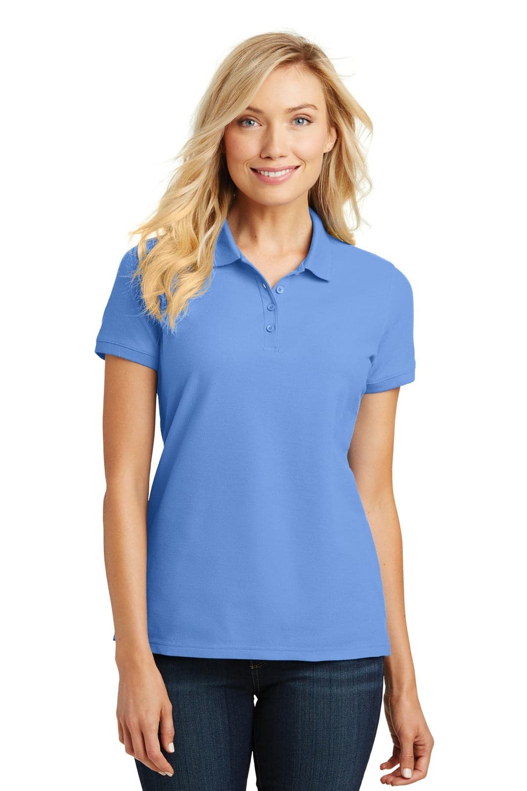 A light blue polo shirt with a classic fit, featuring a collar and a logo.