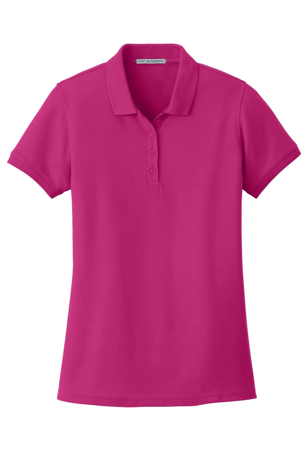 A pink polo shirt with a classic pique design, featuring a collar and button placket. It has a branding logo.