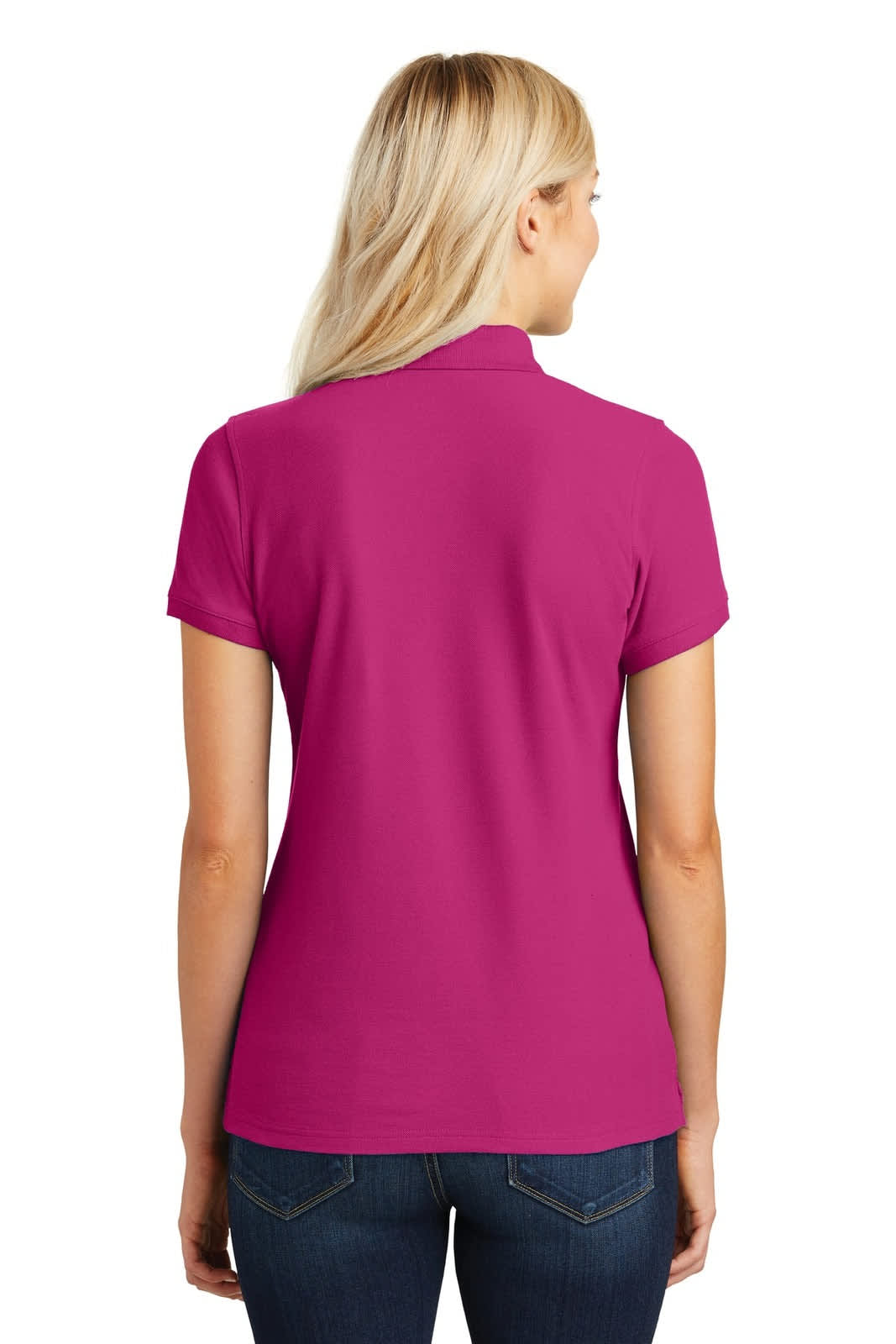 A fitted ladies' polo shirt in vivid pink, featuring a collar and short sleeves, with a logo on the back.