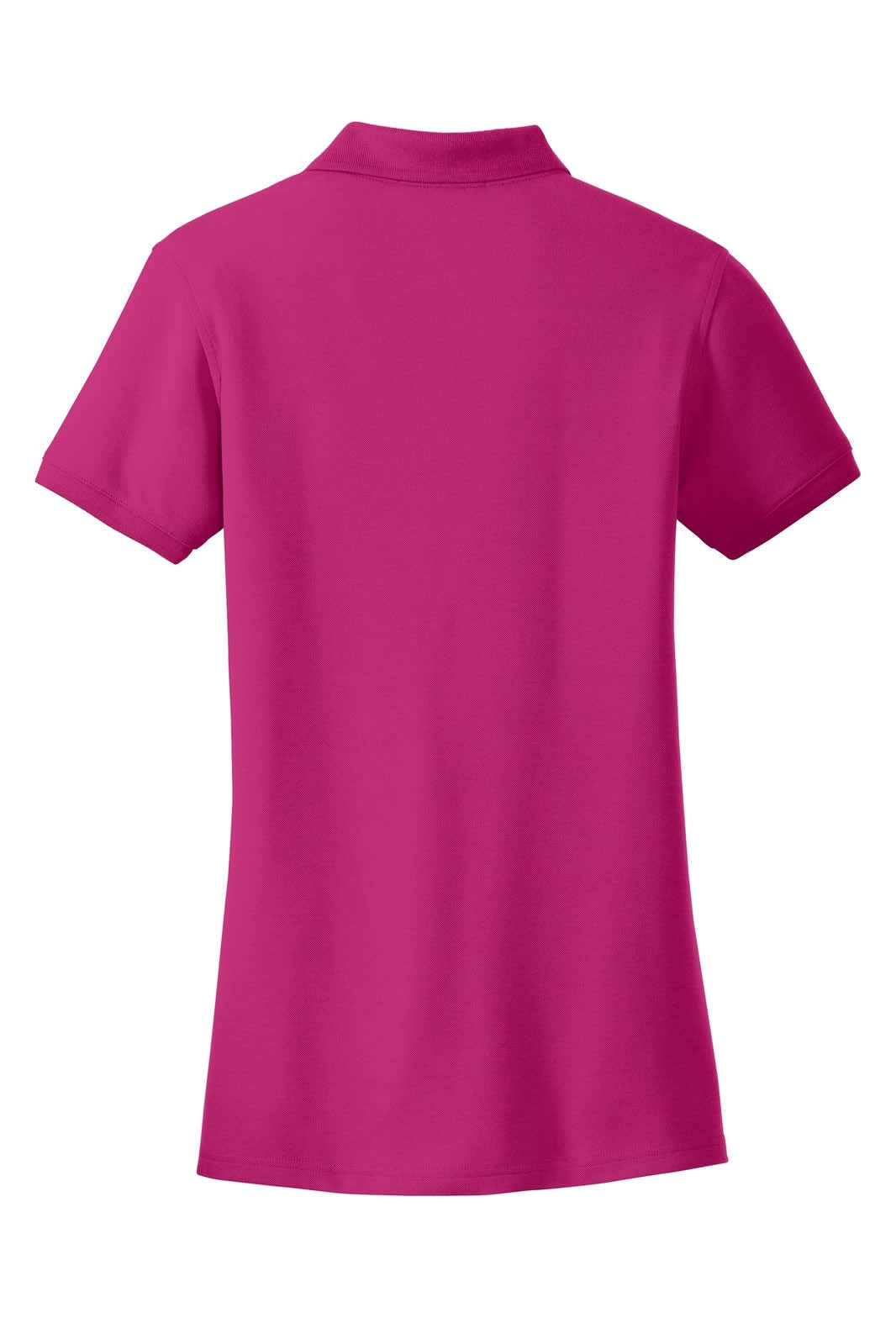 A pink polo shirt with a classic pique texture and a collar. The back view features short sleeves and a clean design.