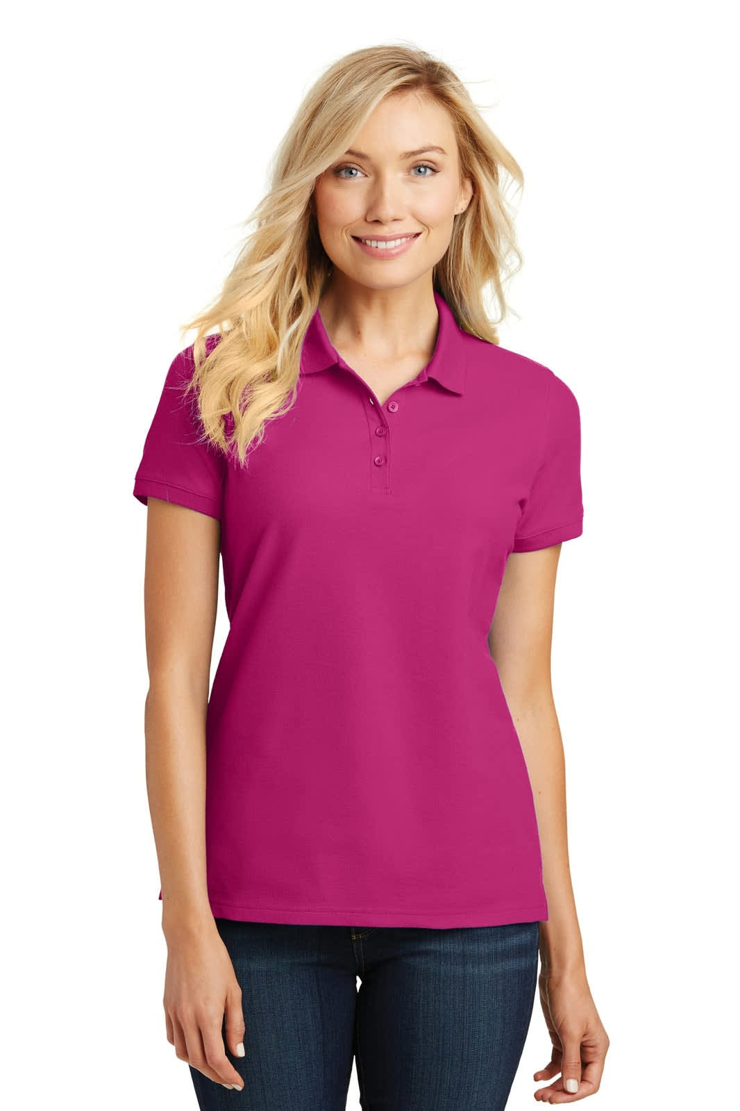 A pink ladies polo shirt featuring a collar and short sleeves, with a logo on the chest.