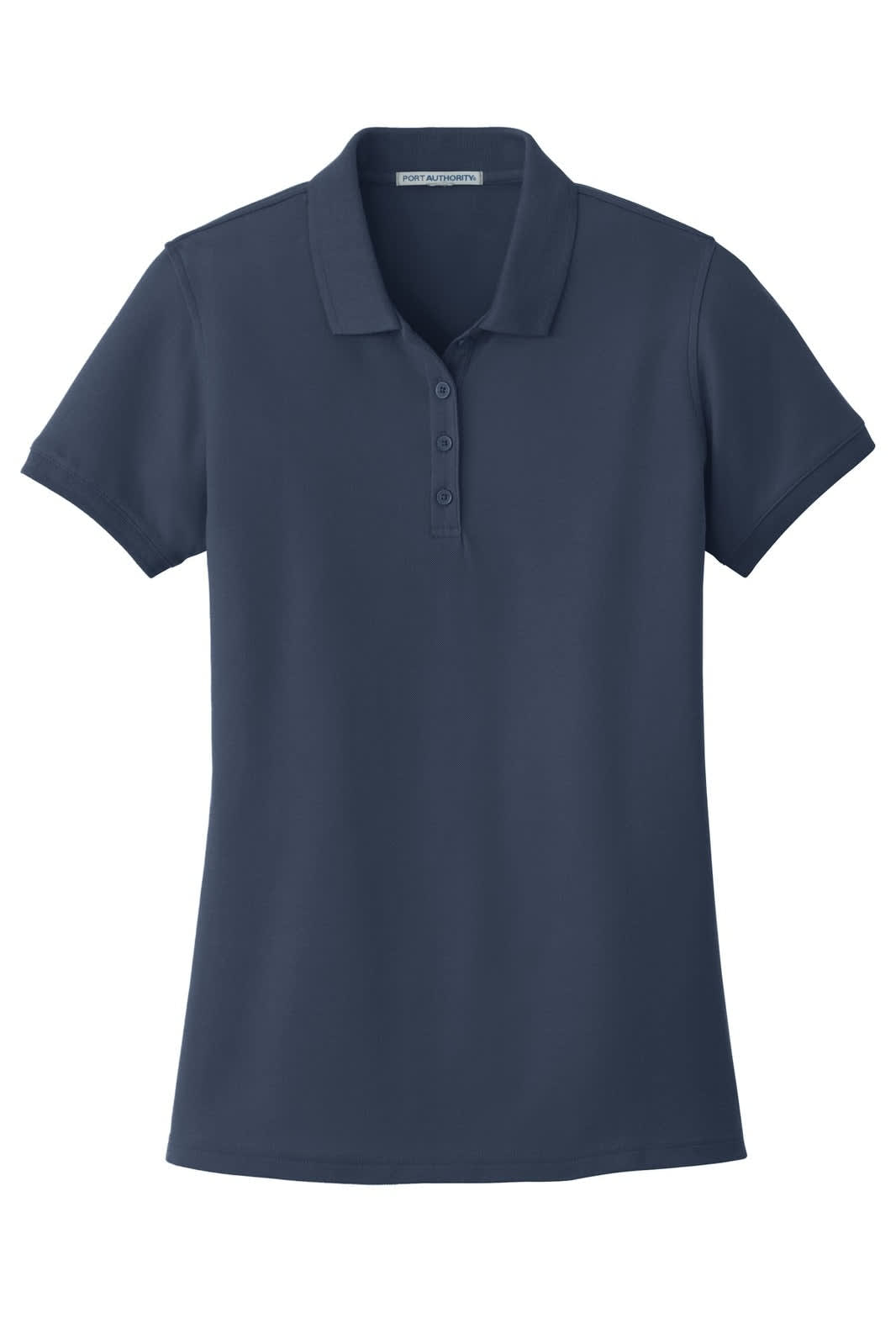 A navy blue women's polo shirt with a classic pique texture, featuring a button placket and short sleeves.