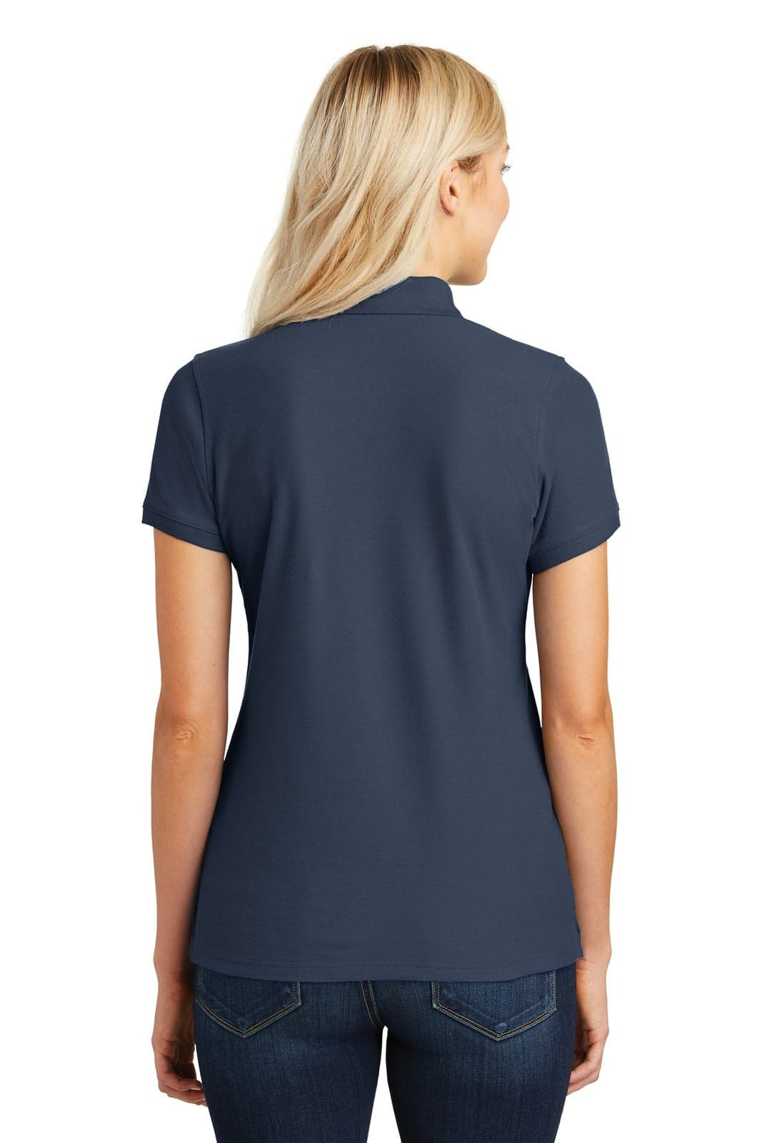 A navy blue ladies' polo shirt featuring a classic pique design and a back view. It includes a logo.