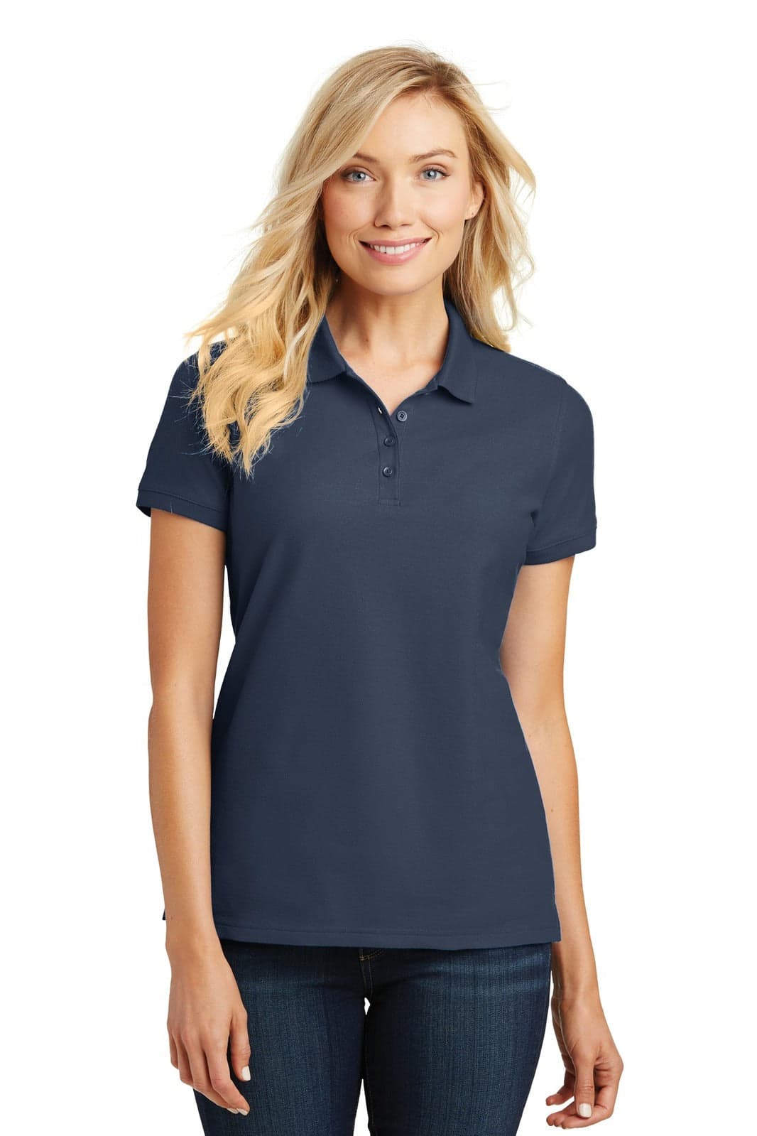 A navy blue ladies' polo shirt with a classic pique texture and a logo on the chest.