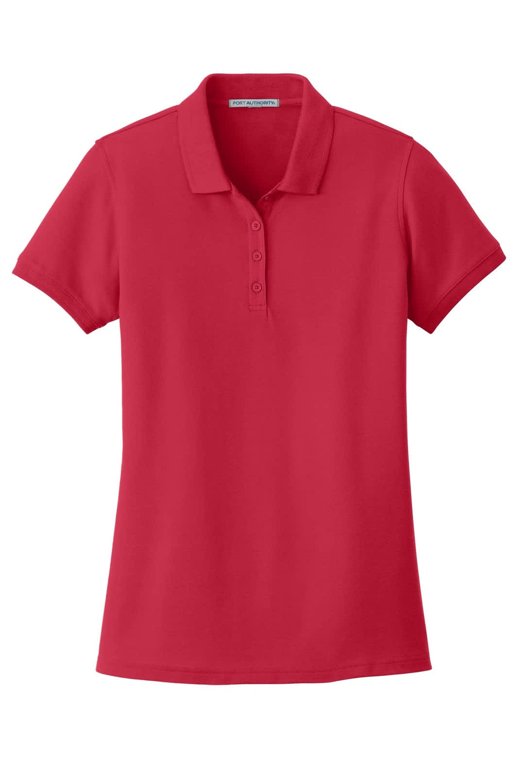 A red ladies' polo shirt featuring a collar, short sleeves, and a button placket, with a logo on the chest.