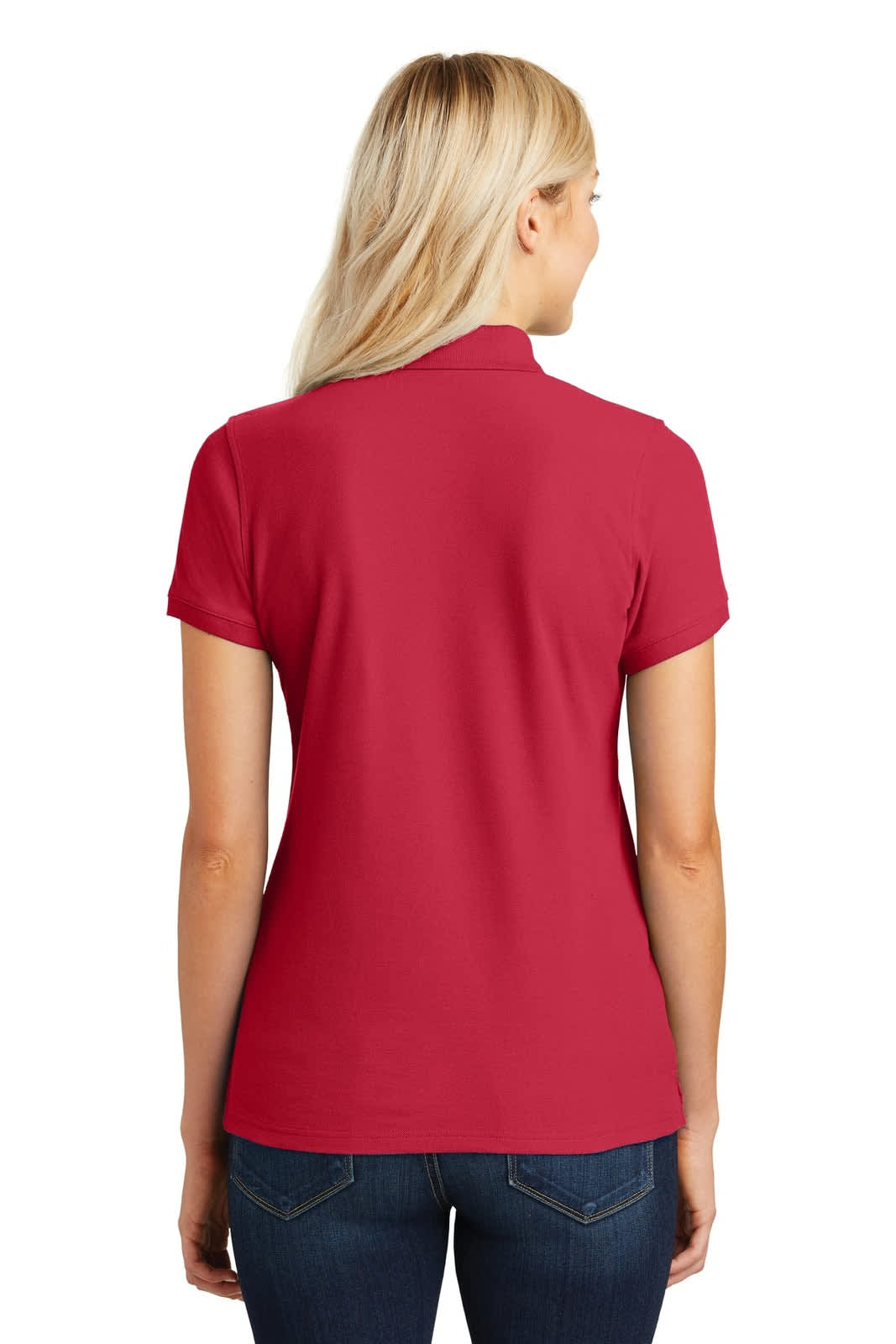 A red ladies' polo shirt featuring a classic pique fabric and a logo on the back.