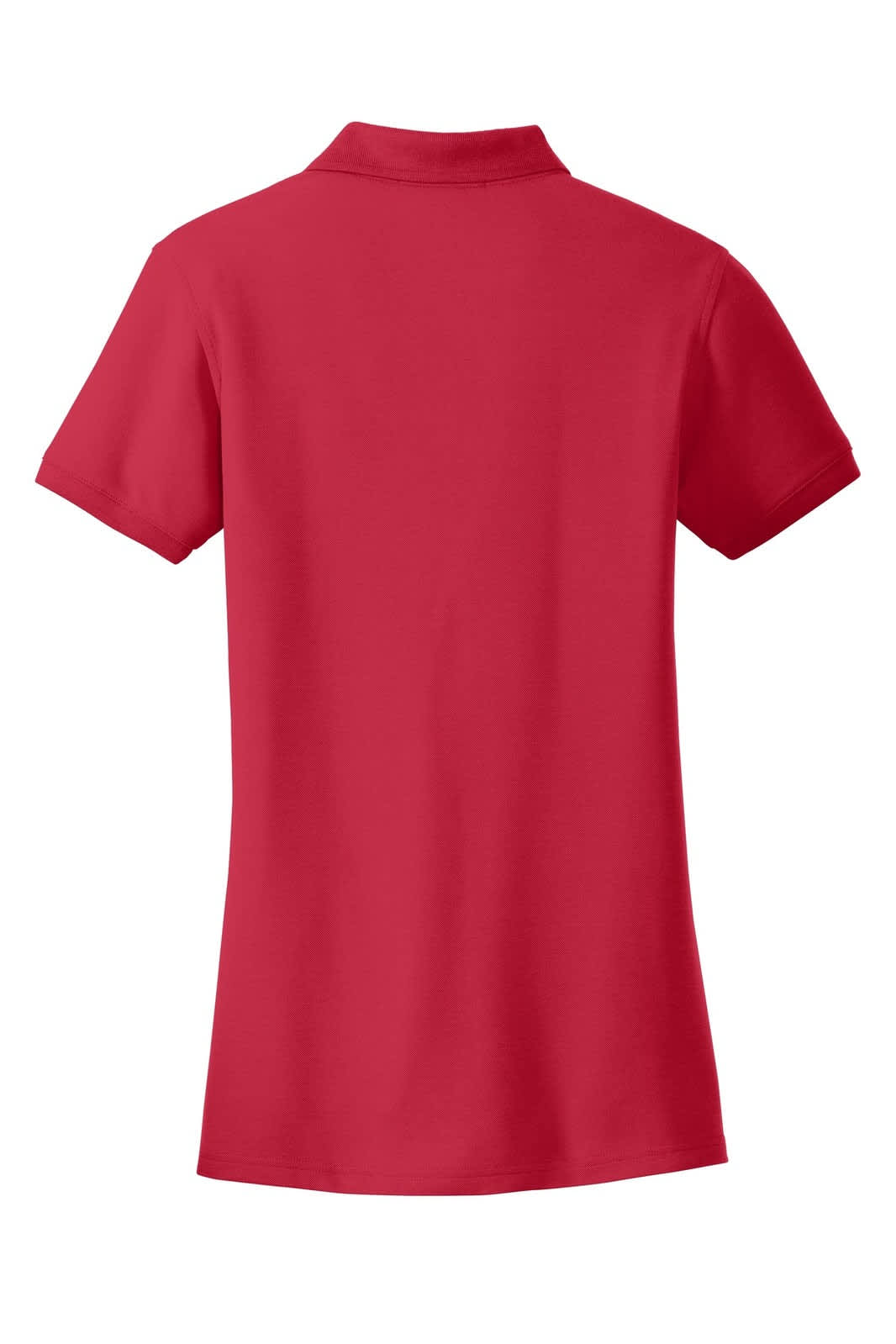 A red ladies' polo shirt with short sleeves featuring a collar and a logo. The back view is displayed.