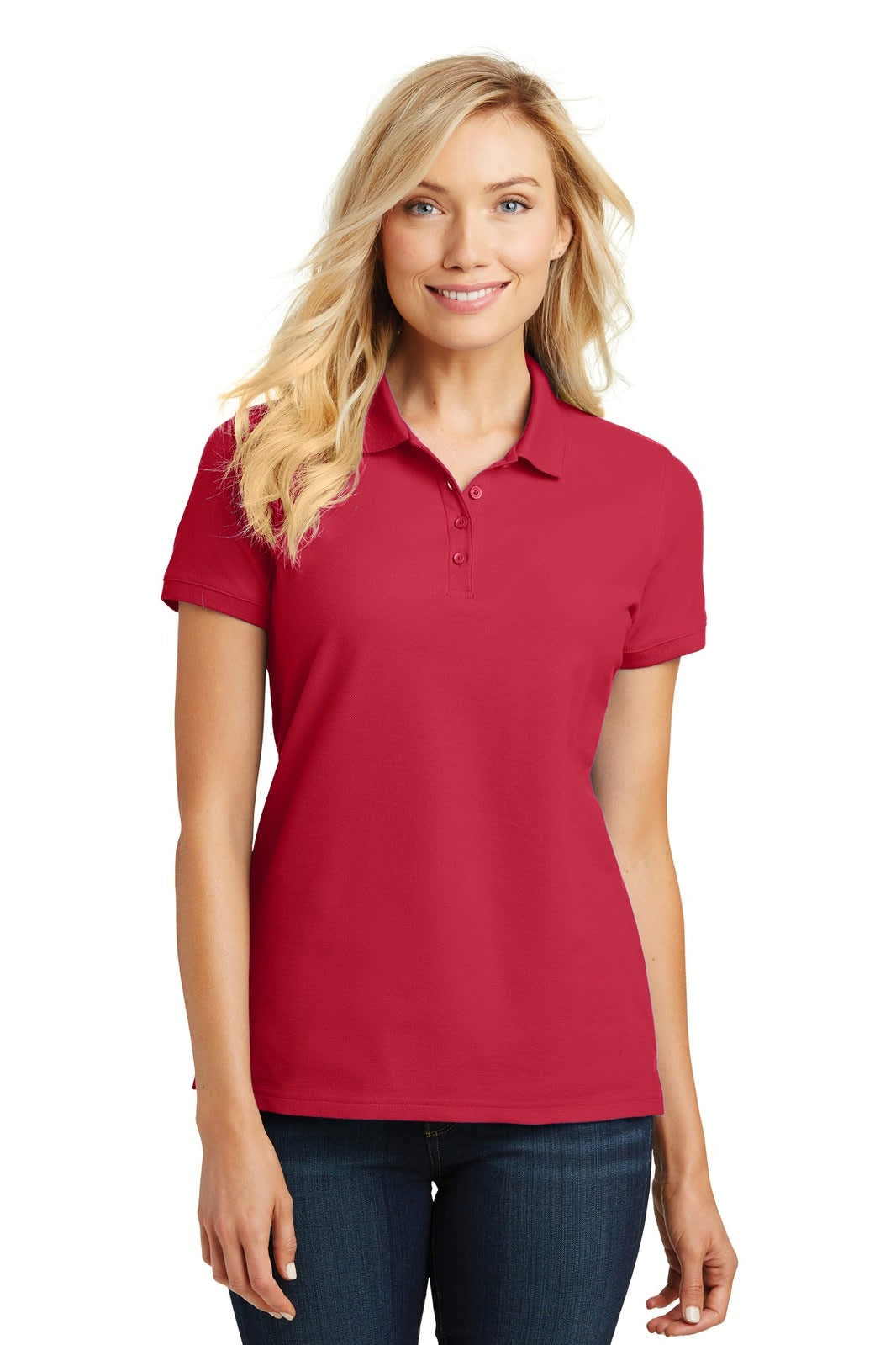 A red ladies' polo shirt with a classic pique texture and short sleeves, featuring a logo.
