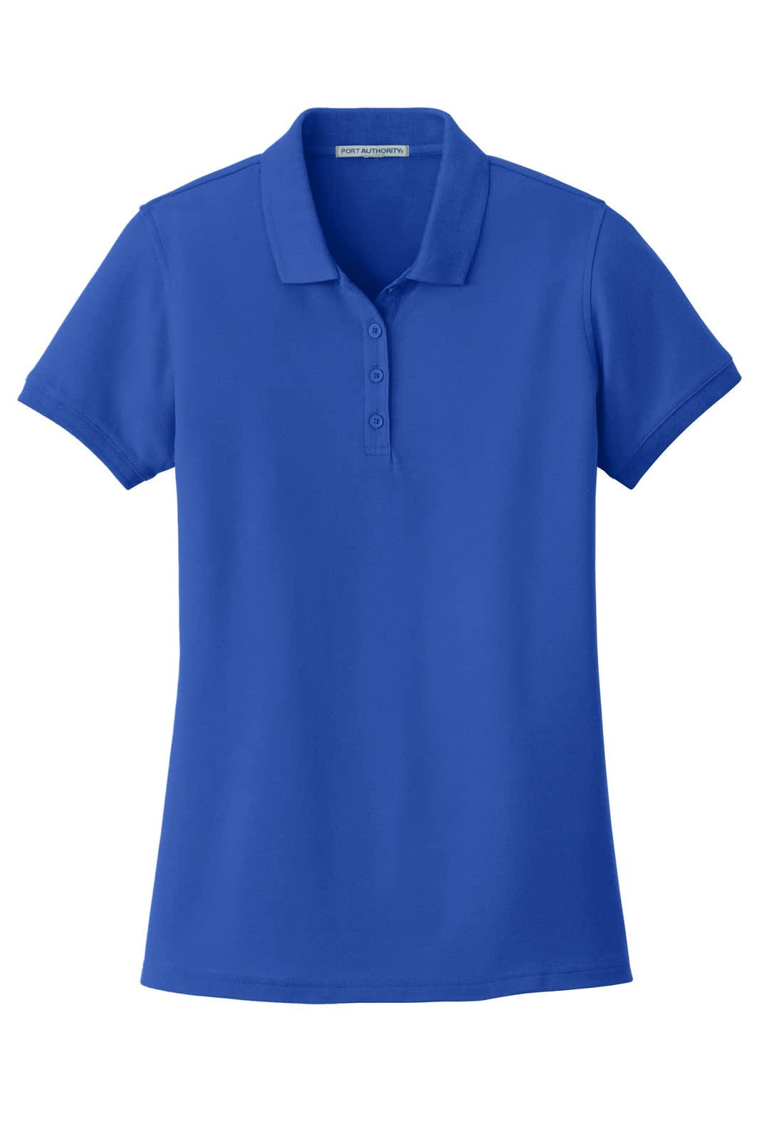 A blue Port Authority ladies' Core Classic pique polo shirt with a collar and button placket, featuring a logo.
