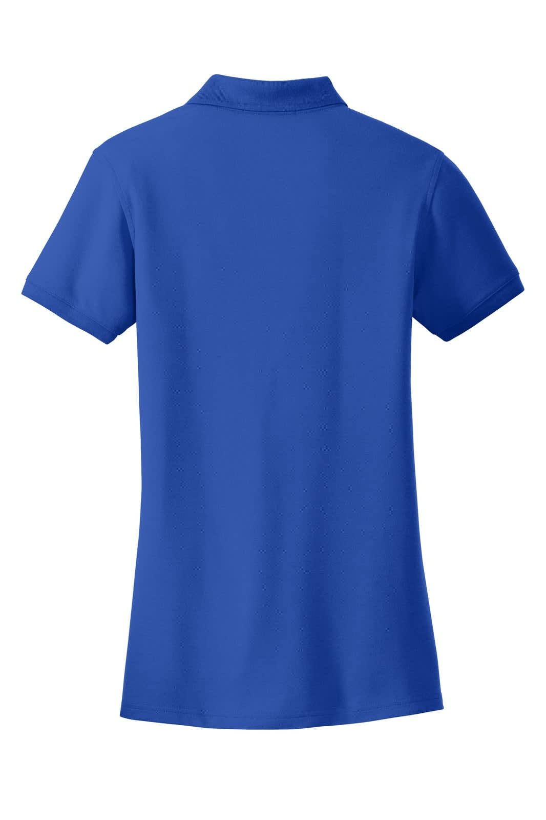 A blue ladies' polo shirt with a classic pique texture and a collar, featuring a logo on the back.