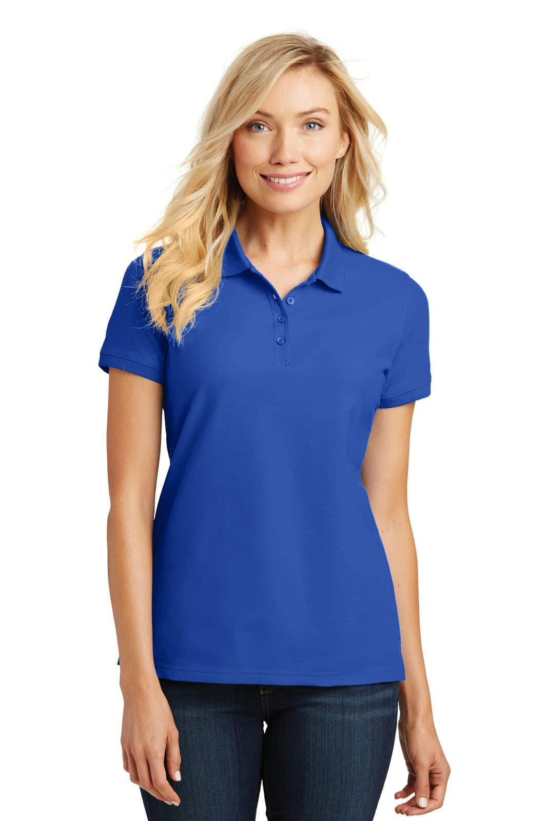 A blue ladies' polo shirt featuring a logo and a classic pique texture, with a collar and short sleeves.
