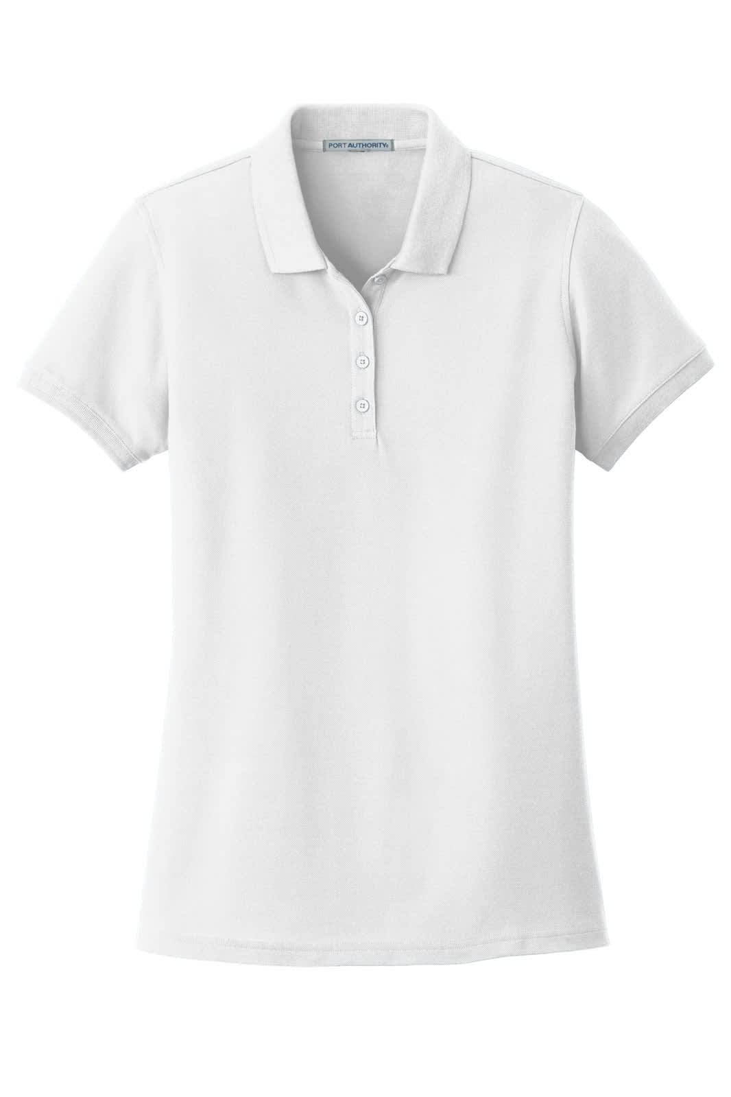 A white ladies' polo shirt featuring a classic pique design and a small logo.